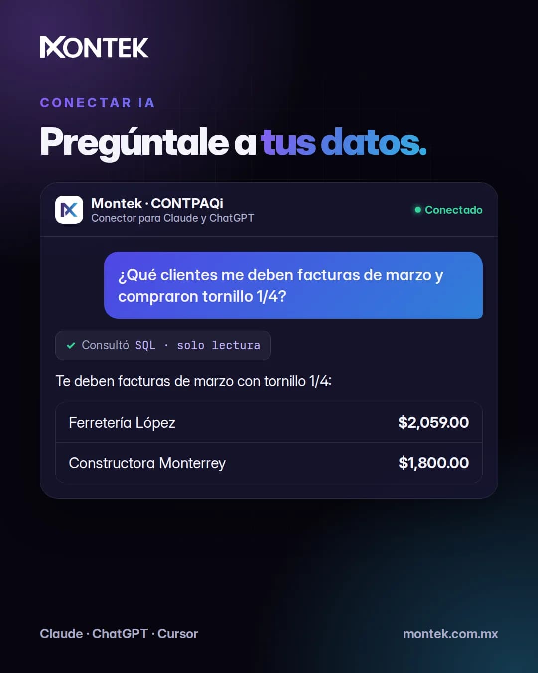 Chat con IA consultando saldos de clientes en CONTPAQi
