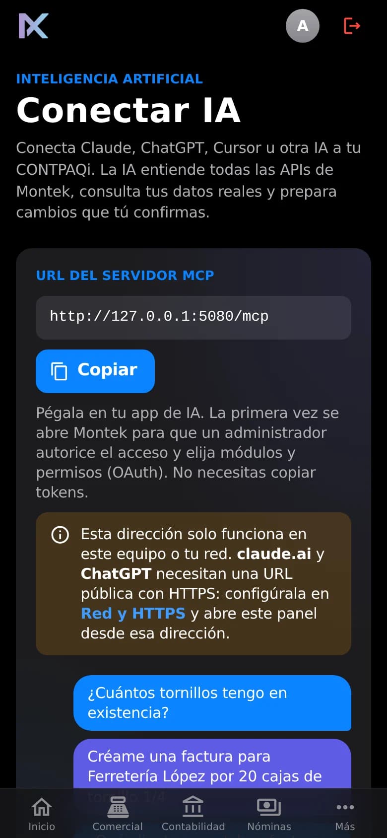 Pantalla Conectar IA de Nexus API en el celular