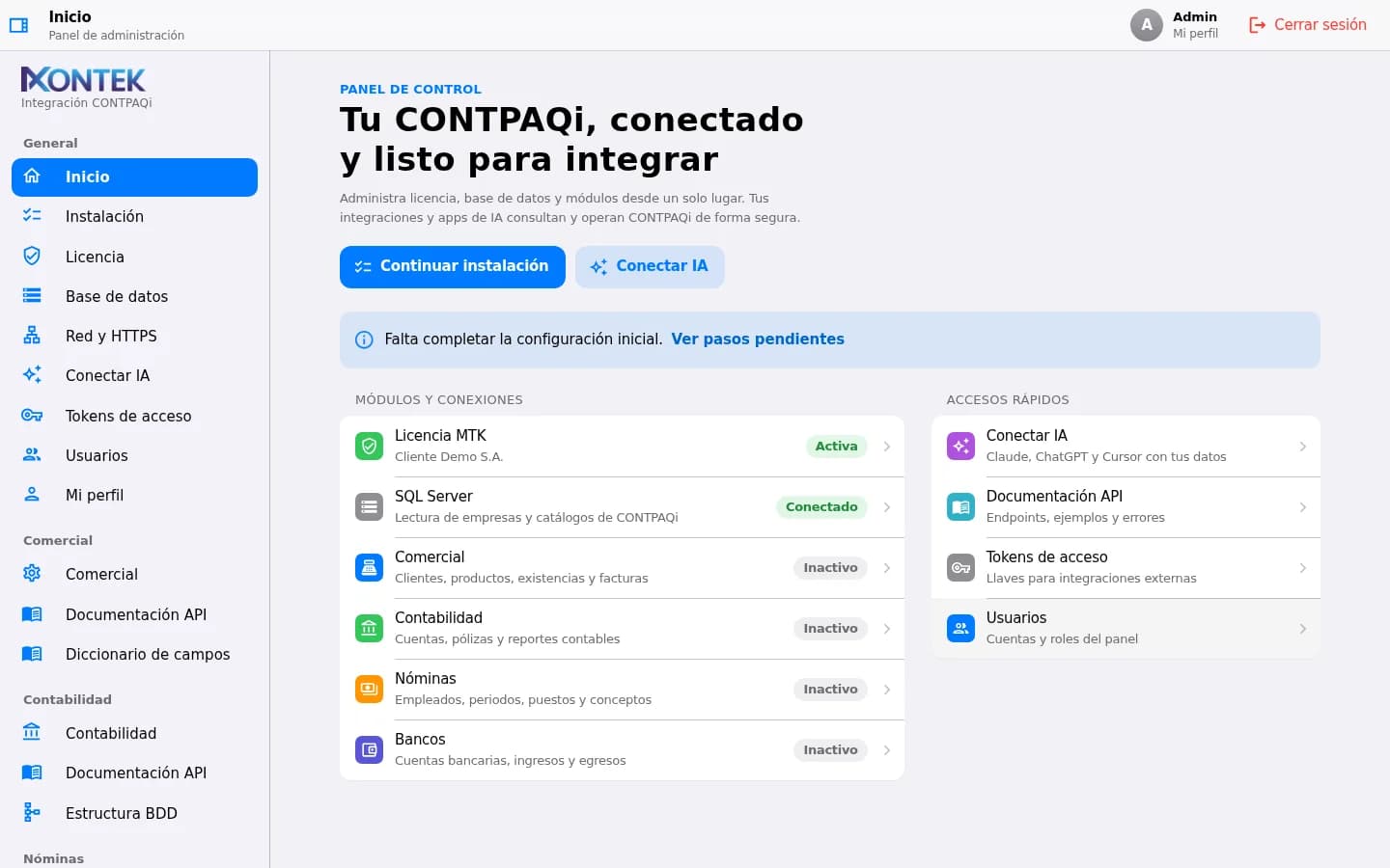Panel de Nexus API: inicio con módulos y conexiones de CONTPAQi
